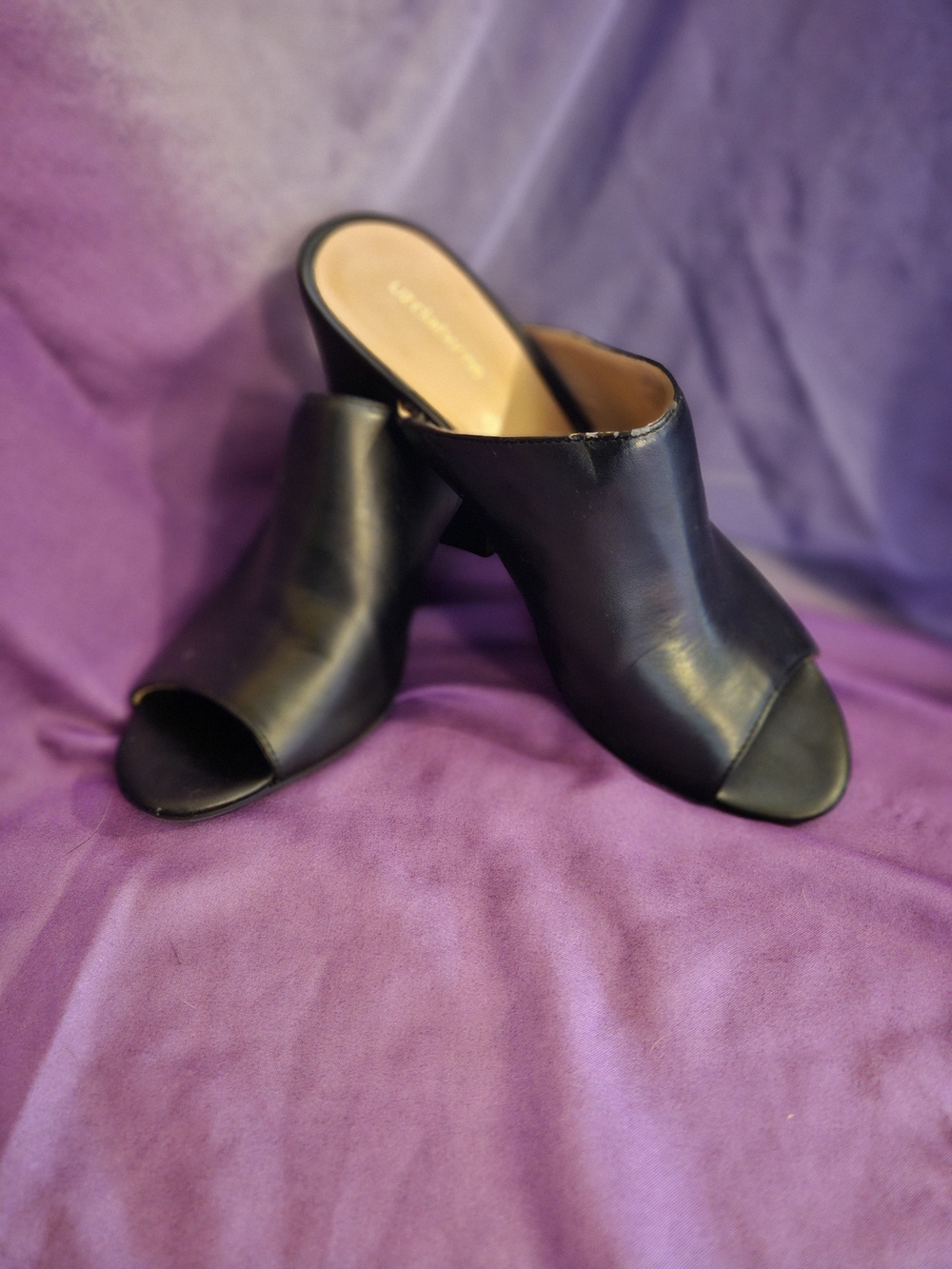 Black Leather Open-Toe Mule Heels Liz Claiborn